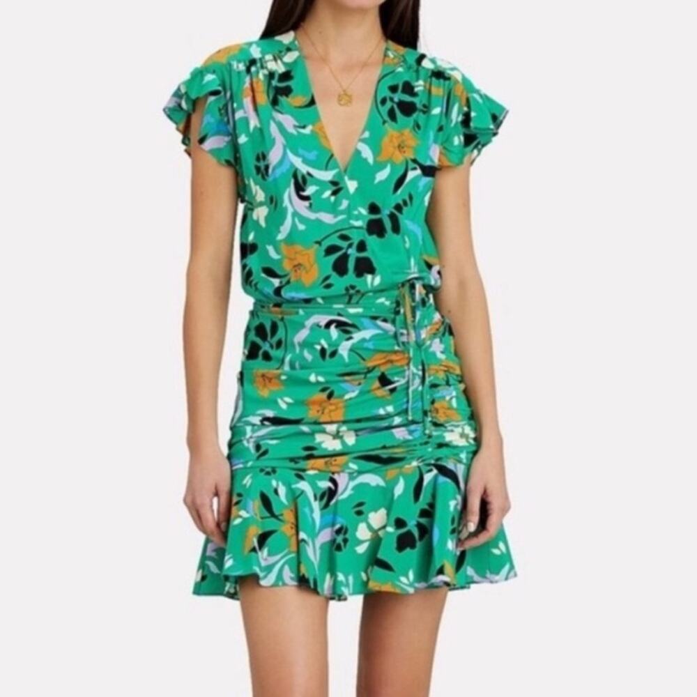 Veronica Beard Women’s Maria Green Floral Printed Silk Ruched Mini Dress Size 0